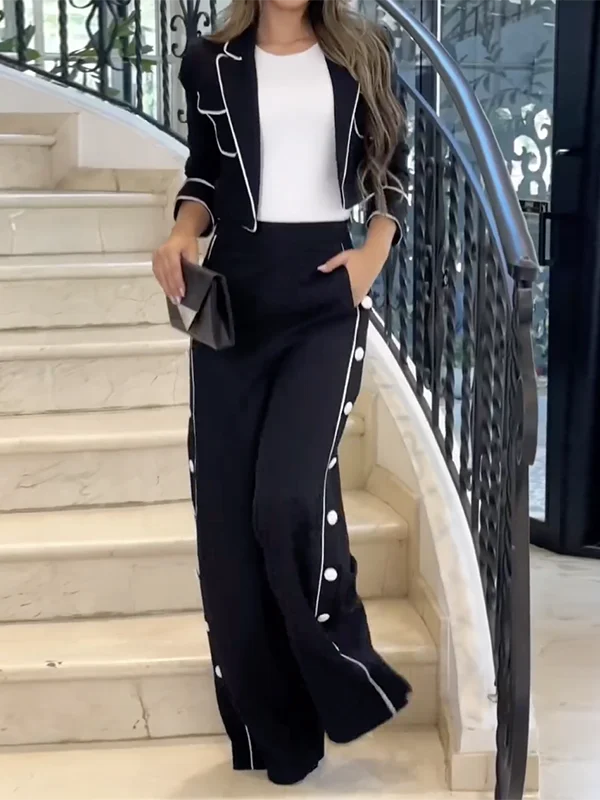 Completo Donna Elegante Blazer Cropped e Pantalone Palazzo