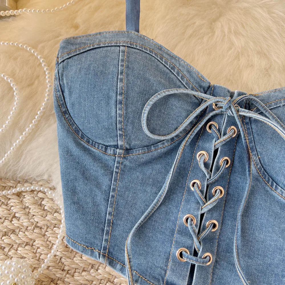 Top Denim Corsetto con Reggiseno Integrato – Crop Top Donna