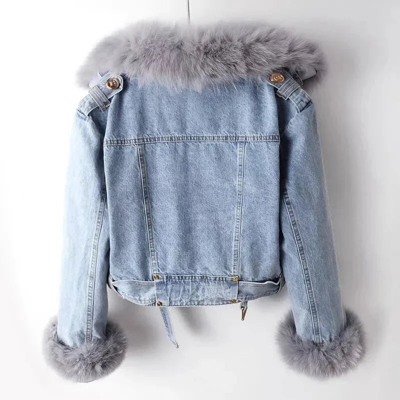 Giacca in denim con colletto in pelliccia di volpe sintetica per donna – Giacca corta imbottita con fodera in pelliccia di coniglio, per l'inverno