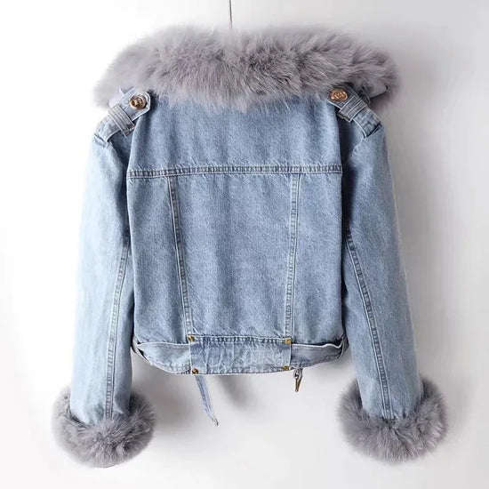 Giacca in denim con colletto in pelliccia di volpe sintetica per donna – Giacca corta imbottita con fodera in pelliccia di coniglio, per l'inverno