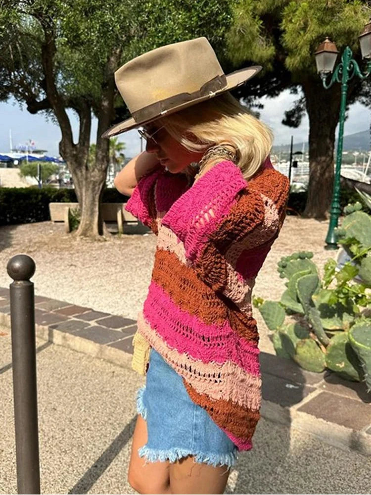 Co-ord estivo donna 2025 — Set maglia jacquard a righe con cardigan e shorts