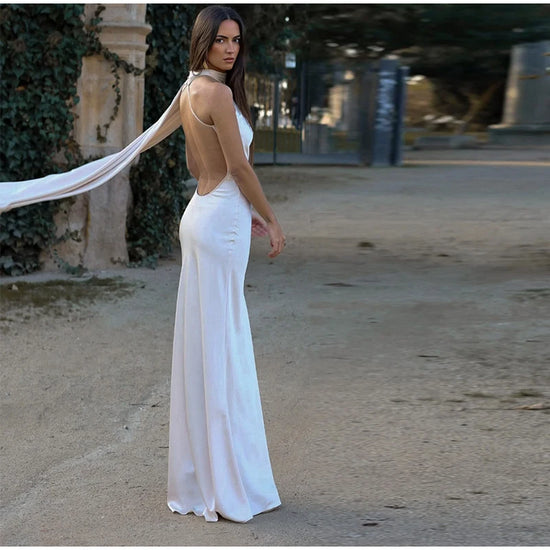 Abito da sera in raso con fiocco per donna – abito elegante schiena scoperta