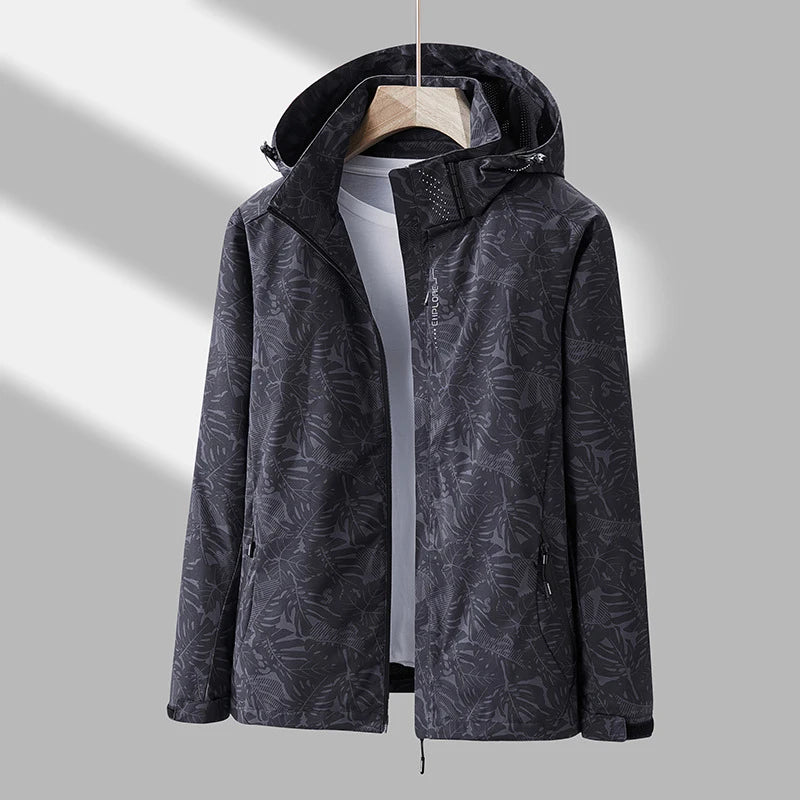 Giacca running donna con stampa foglia, cappuccio staccabile – antivento, waterproof e versatile per hiking