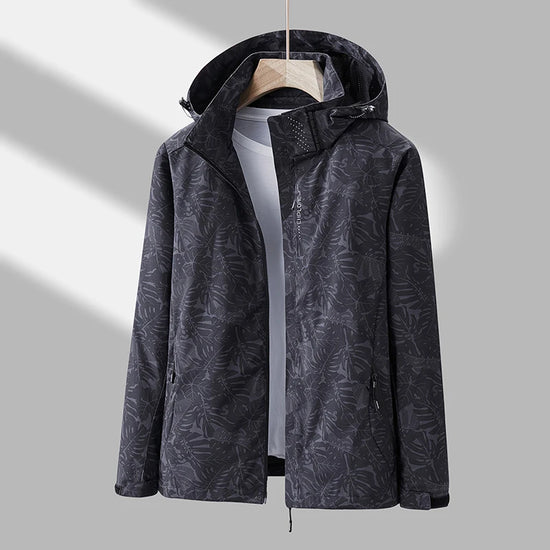 Giacca running donna con stampa foglia, cappuccio staccabile – antivento, waterproof e versatile per hiking