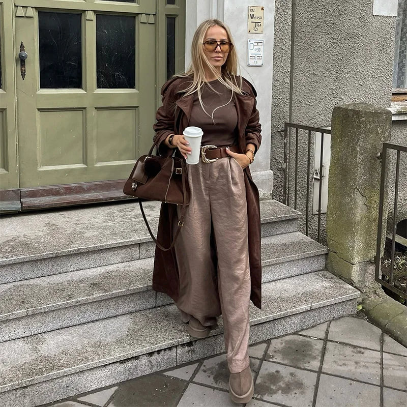 Completo donne 2025 – Pantaloni vita alta largo + body + top in coordinato con cintura inclusa