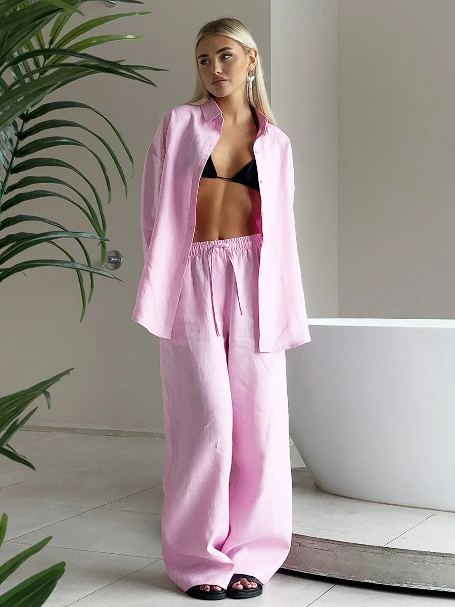 Completo da donna – camicia colletto revers e pantaloni elasticizzati casual-cozy