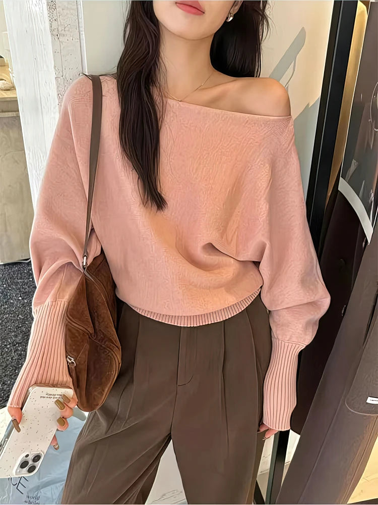 Maglione donna con spalle scoperte e maniche ampie - Rosa (Pink)