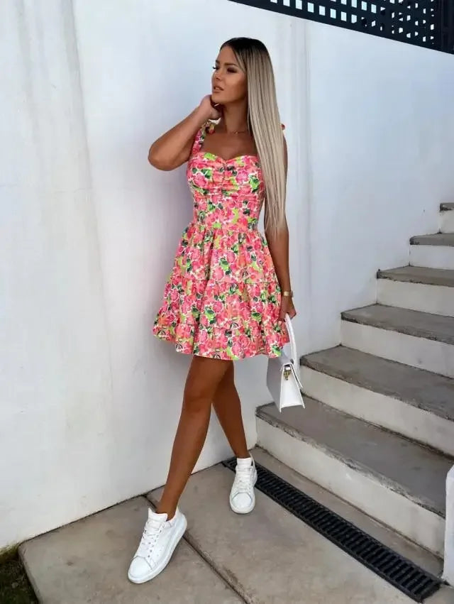 Abito mini estivo 2025 con stampa, scollo halter, spalline regolabili – Vestito donna fresco e unico