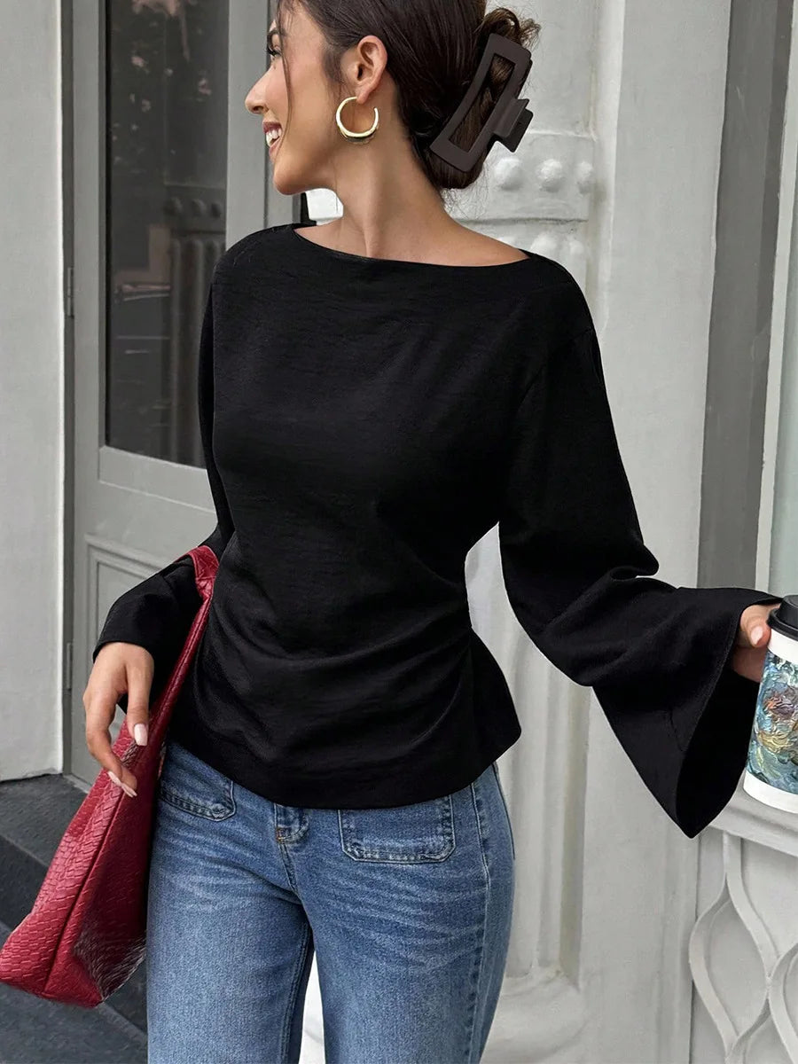 Maglia nera manica lunga con cappuccio da donna – stile elegante per pendolarismo, primavera/autunno, colore puro, poliestere, scollo rotondo