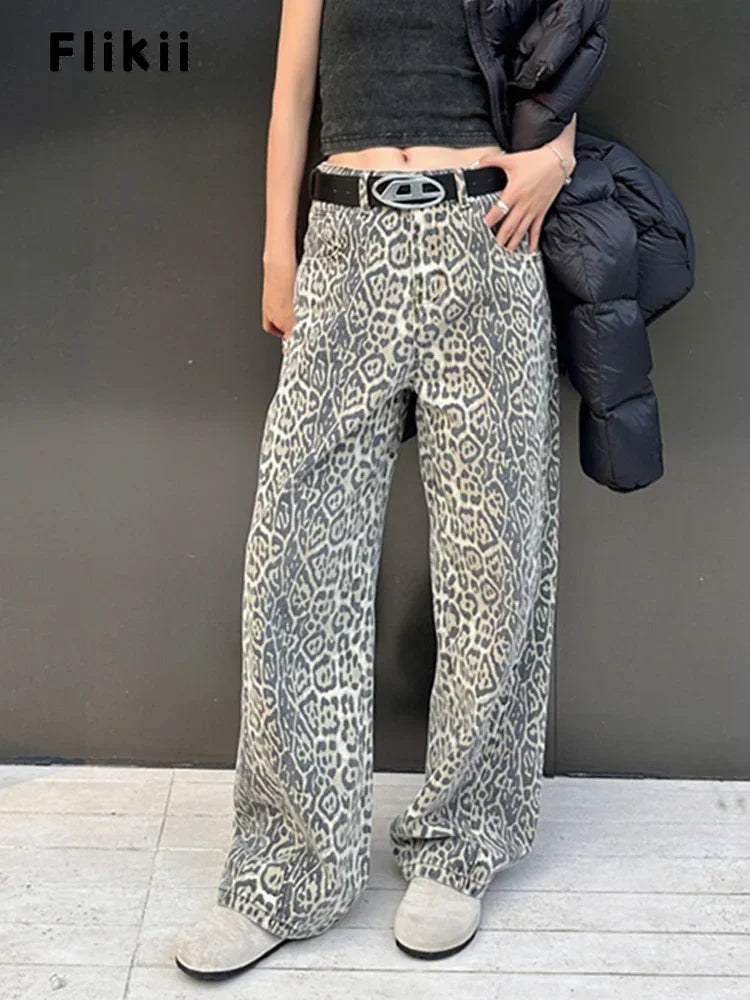 Jeans baggy vita alta leopardato donna – pantaloni oversize Y2K da strada con tasche casual 2025