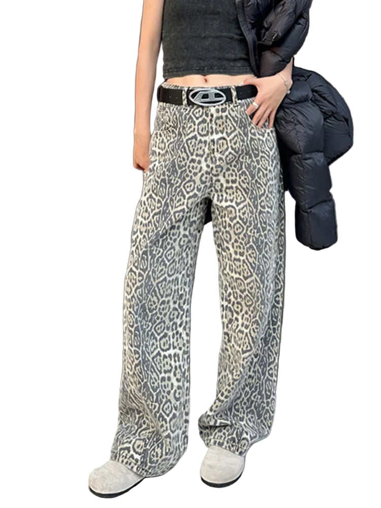 Jeans baggy vita alta leopardato donna – pantaloni oversize Y2K da strada con tasche casual