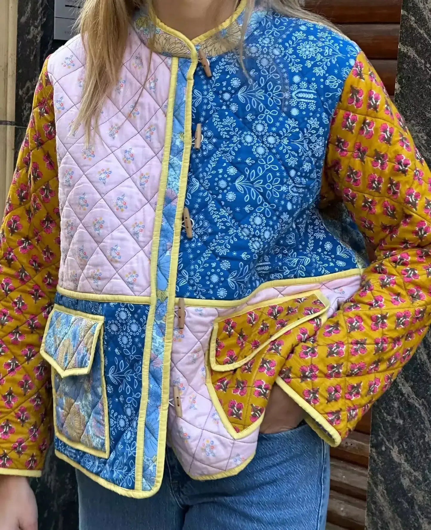 Giacca imbottita donna vintage patchwork floreale – Cappotto cotone con imbottitura, stile casual e warm streetwear