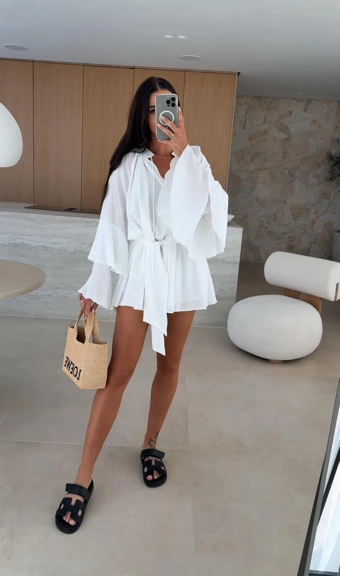 Abito Mini Casual a-Line con Scollo a V, Volant e Lacci