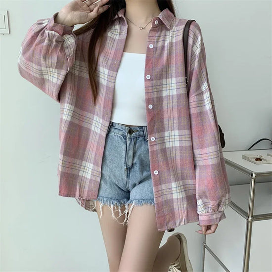 Camicia a quadri donna autunno 2025 – camicia manica lunga stile preppy vintage, taglio loose, single-breasted
