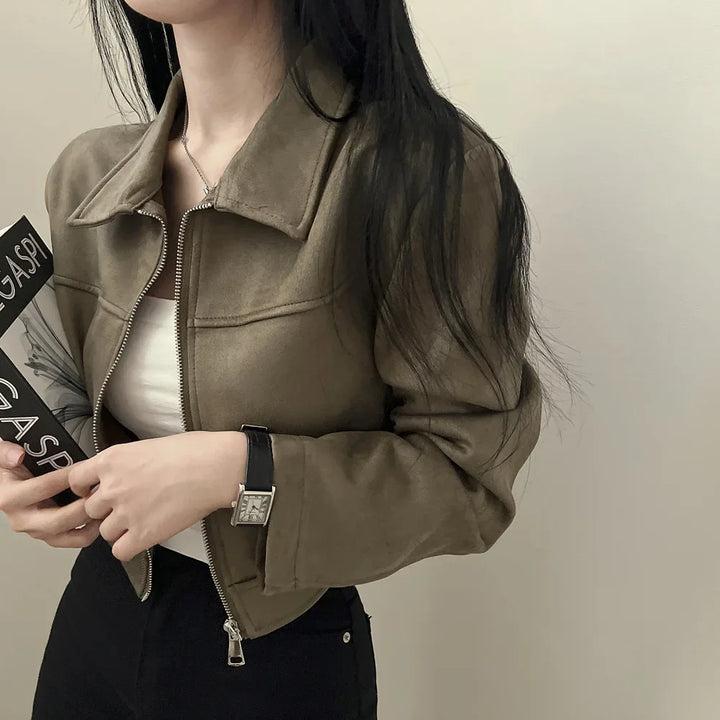 Giacca in pelle donna stile vintage – Giubbotto corto con zip, collo alla coreana, taglio slim fit, versatile e alla moda