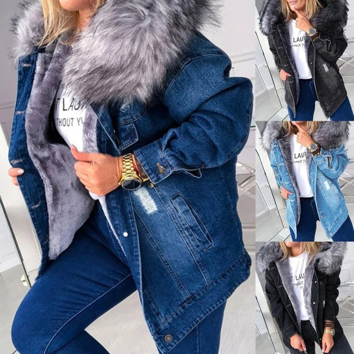 Giacca denim donna con cappuccio e collo peluche – Giubbotto imbottito invernale oversize con interno caldo
