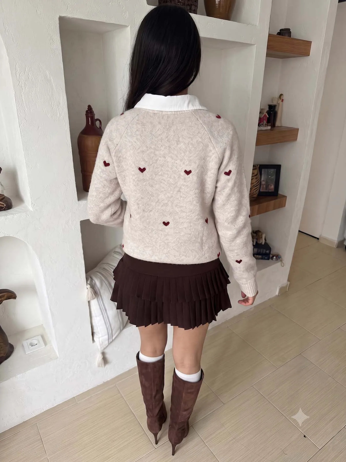 Maglione donna con cuori jacquard e maniche raglan