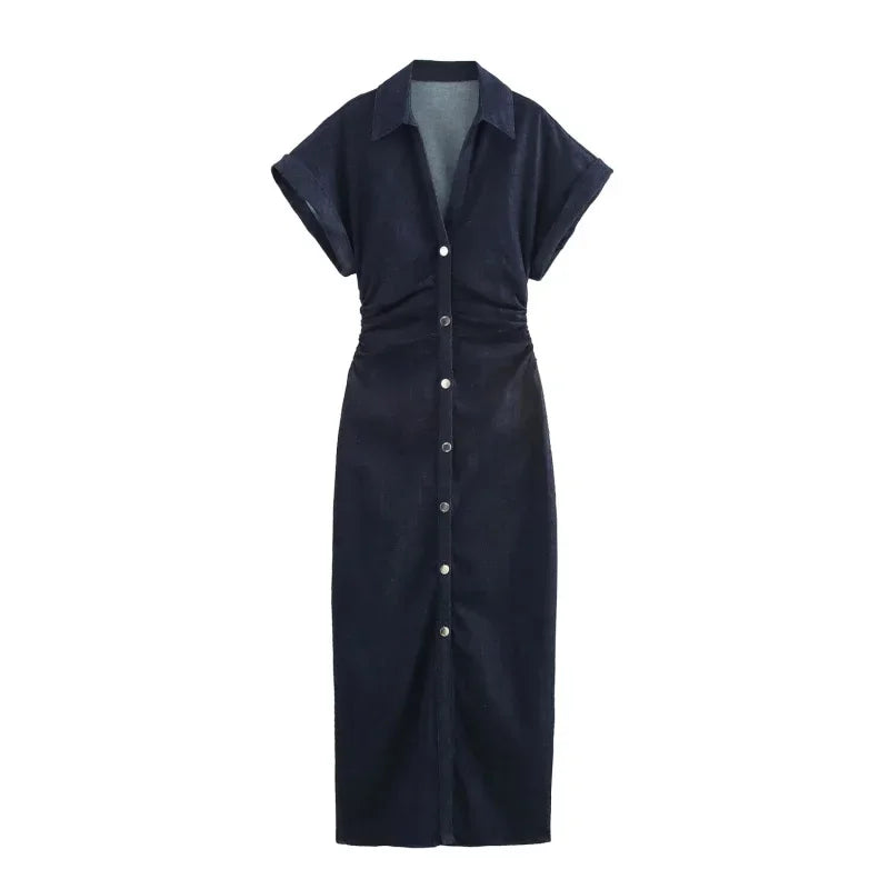 Vestito midi in denim “1975 Series” – abito donna con rever, zip laterale e vita effetto plissé