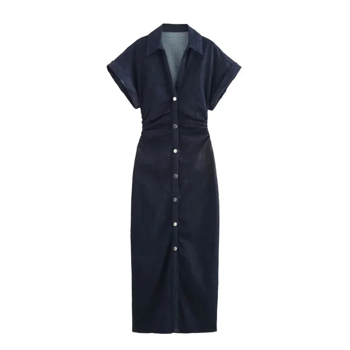 Vestito midi in denim “1975 Series” – abito donna con rever, zip laterale e vita effetto plissé