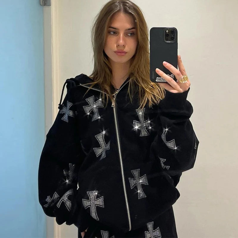 Felpa con cappuccio, zip e strass stile Y2K