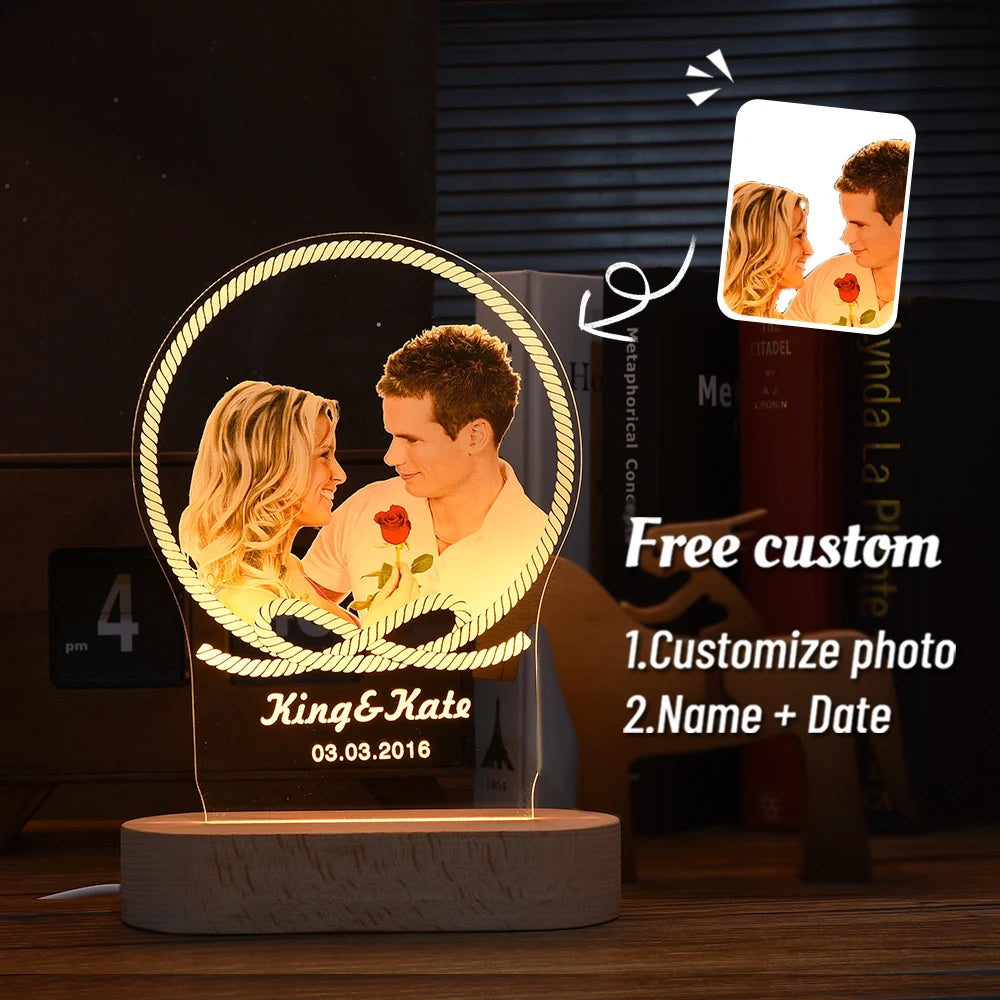 Lampada LED 3D Personalizzata con Foto, Nome e Data – Regalo Romantico per Coppie