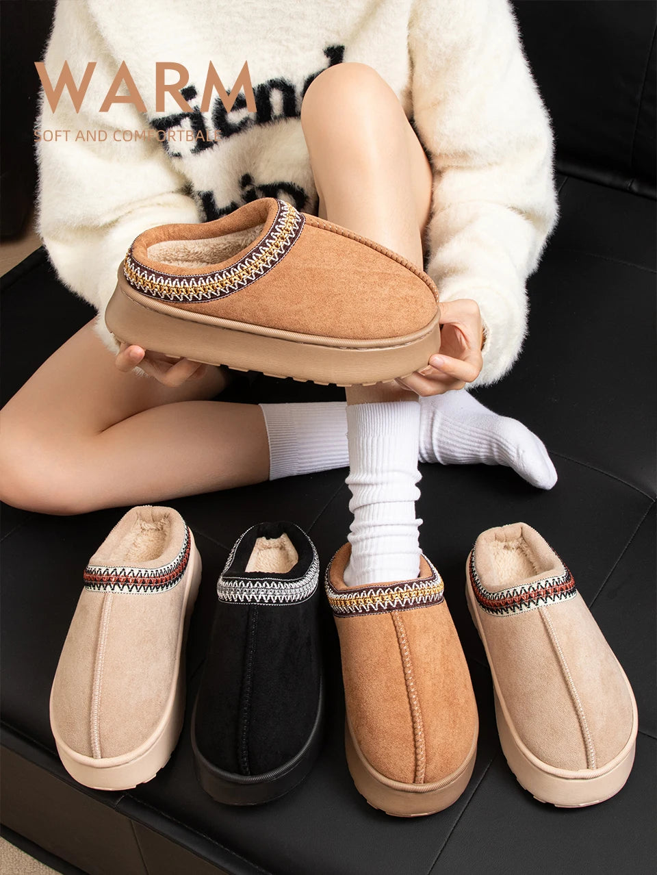 Slippers donna invernali ricamate antiscivolo ‒ pantofole plush indoor/outdoor con suola spessa e bordo caldo per l’inverno 2025