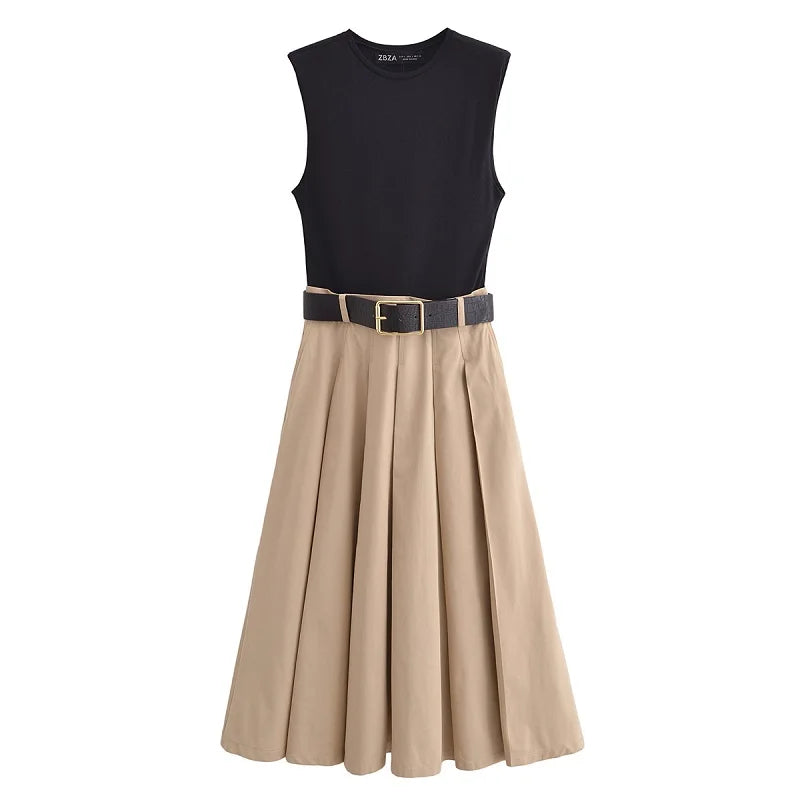 Vestito midi estivo senza maniche con cintura – elegante e plissettato