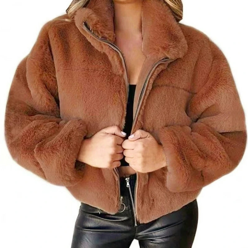 Cappotto corto donna in peluche oversize 2025 – cardigan faux fur con zip, caldo inverno cosy & fashion