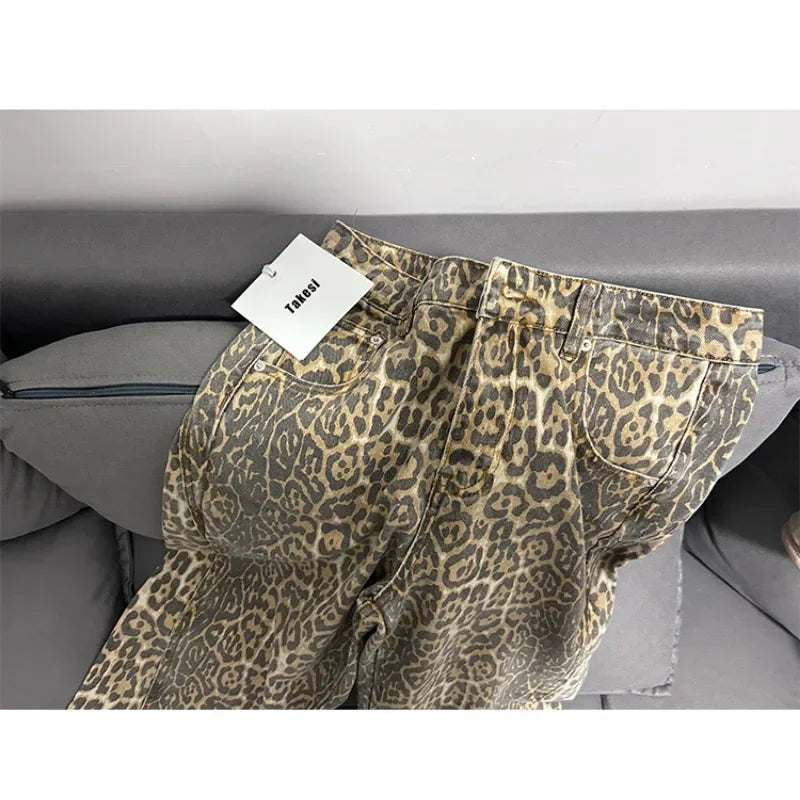 Jeans baggy vita alta leopardato donna – pantaloni oversize Y2K da strada con tasche casual