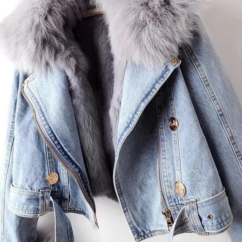 Giacca in denim con colletto in pelliccia di volpe sintetica per donna – Giacca corta imbottita con fodera in pelliccia di coniglio, per l'inverno