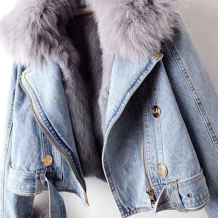 Giacca in denim con colletto in pelliccia di volpe sintetica per donna – Giacca corta imbottita con fodera in pelliccia di coniglio, per l'inverno