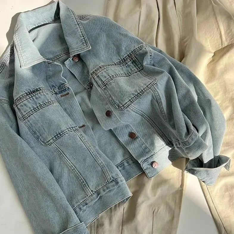 Giacca di jeans donna stile retro – Leggera e casual per primavera e autunno, maniche lunghe, taglio corto e ampio