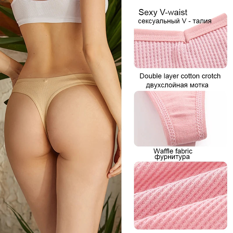 Set 3 pezzi perizomi donna G-string in cotone waffle a vita bassa – underwear sexy comfort quotidiano