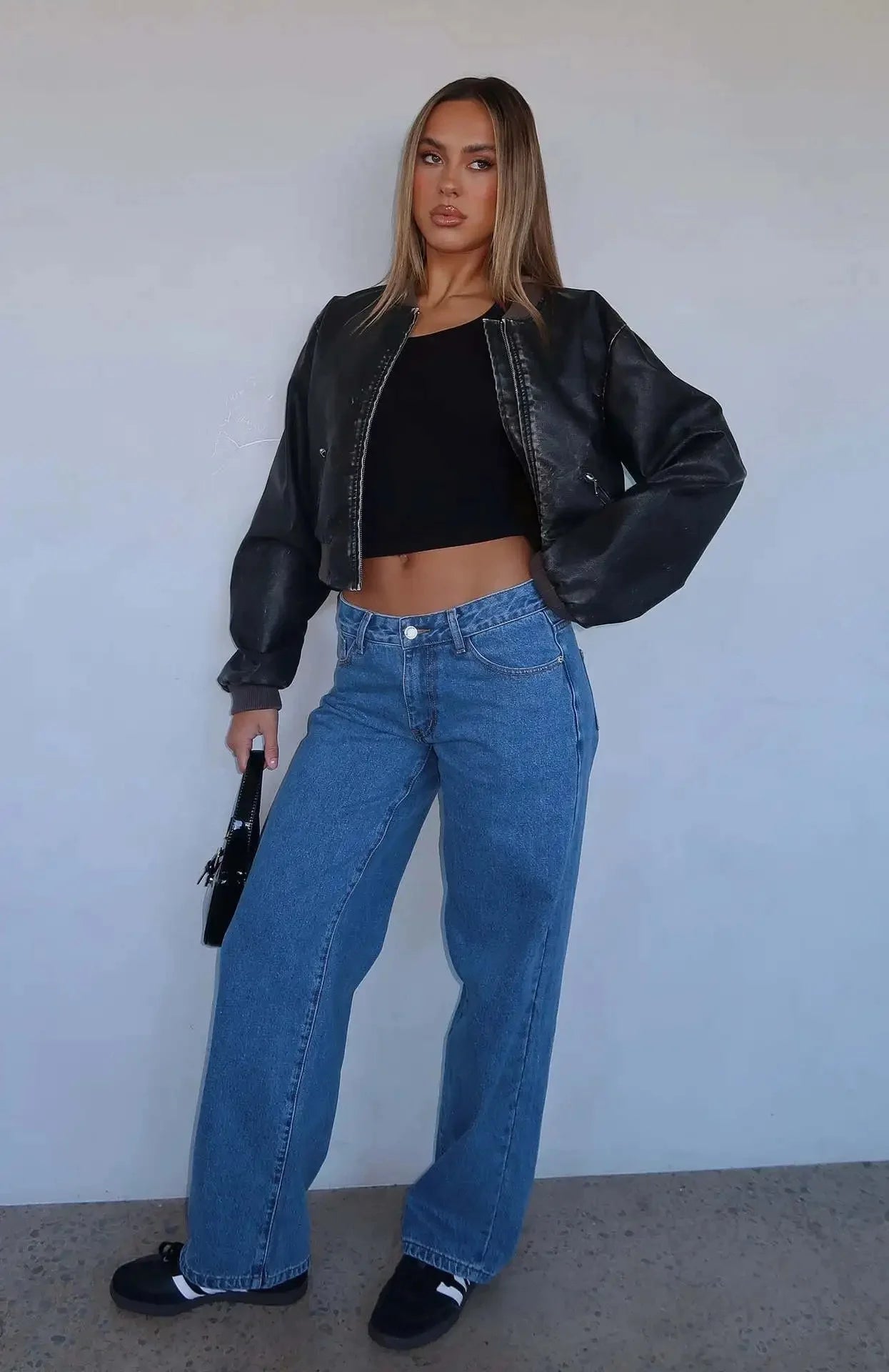 Jeans donna vita alta gamba larga stile retrò americano – pantaloni dritti casual chic