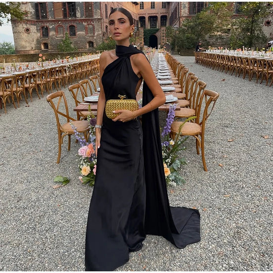 Abito da sera in raso con fiocco per donna – abito elegante schiena scoperta
