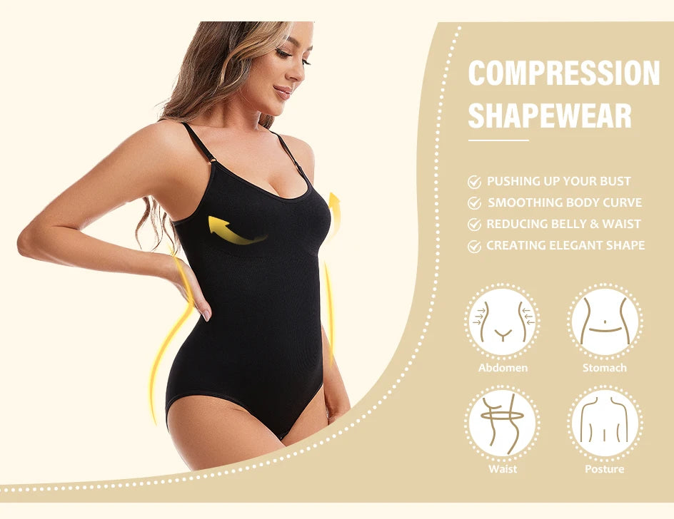 Body modellante a compressione senza cuciture per donna con spalline regolabili – nude, nero, marrone