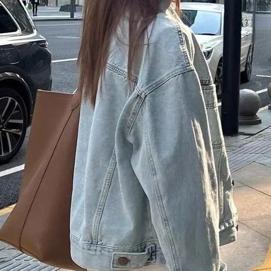Giacca di jeans donna stile retro – Leggera e casual per primavera e autunno, maniche lunghe, taglio corto e ampio