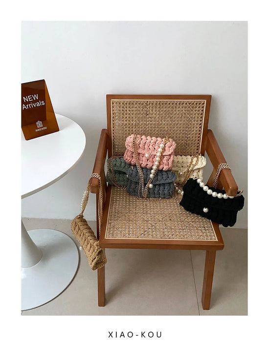 Borsa Donna Crochet a Spalla Uncinetto con Perle e Catena – Design Crossbody