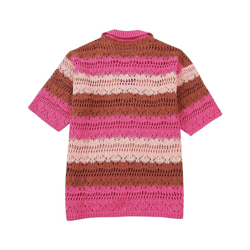 Co-ord estivo donna 2025 — Set maglia jacquard a righe con cardigan e shorts
