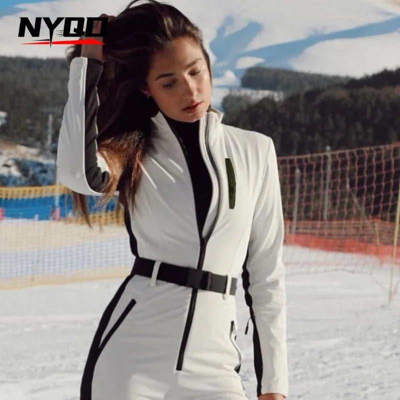 Tuta da sci donna manica lunga impermeabile e antivento – tuta intera patchwork elegante per snowboard e sci invernale