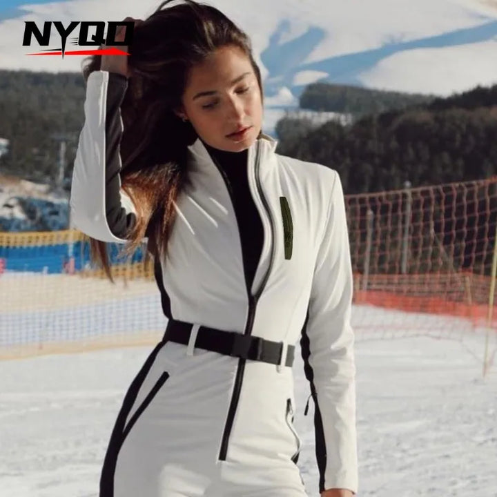Women Long Sleeve Waterproof Windproof Skiing Overall Female Elegant Skateboard Jumpsuit Winter Patchwork Ski Jumpsuits For