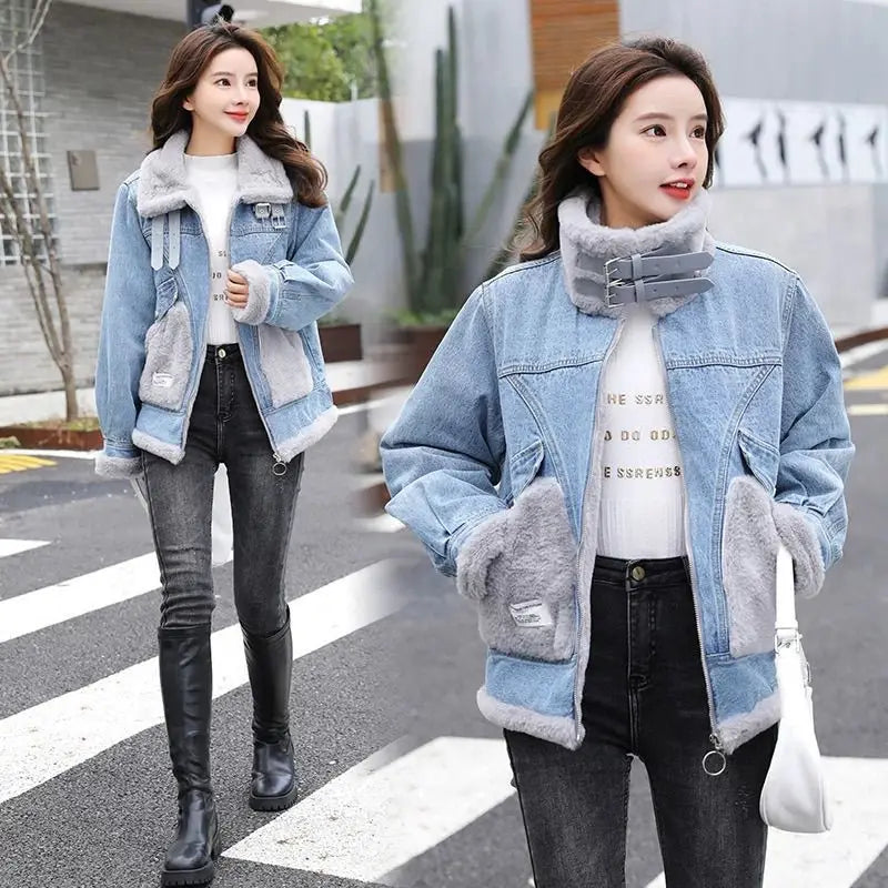Giacca denim imbottita con pile fissato 2025 – giubbotto baggy da donna con colletto alto e interno caldo