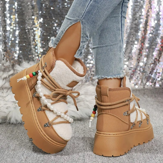 Stivali da neve donna invernali pelliccia – short boots imbottiti lamb-fur, punta tonda, stile retrò per città e montagna
