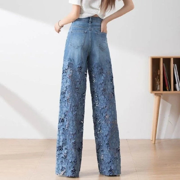 Jeans Y2K donna vita altissima 2025 – denim wide-leg con patchwork e pizzo traforato, stile vintage lace patchwork