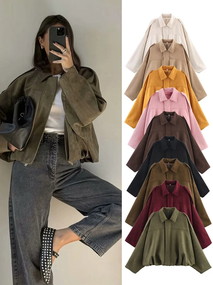 Bomber donna effetto camoscio con zip e colletto - foto 1 della galleria