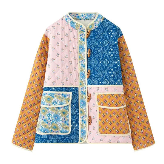 Giacca imbottita donna vintage patchwork floreale – Cappotto cotone con imbottitura, stile casual e warm streetwear