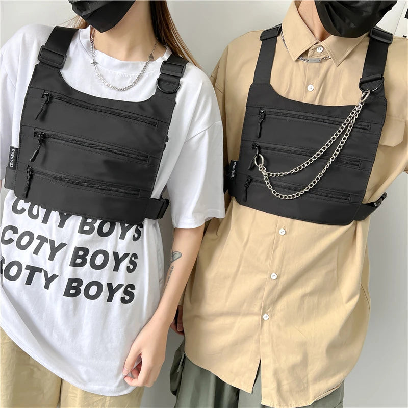 Borsa a petto unisex a 3 strati – pettorina nylon streetwear hip-hop versatile