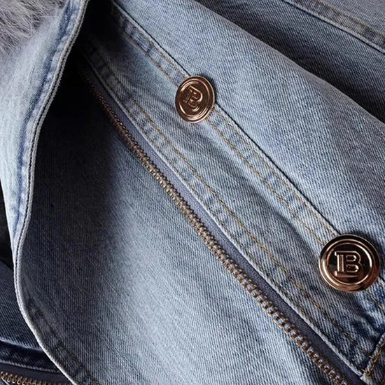 Giacca in denim con colletto in pelliccia di volpe sintetica per donna – Giacca corta imbottita con fodera in pelliccia di coniglio, per l'inverno