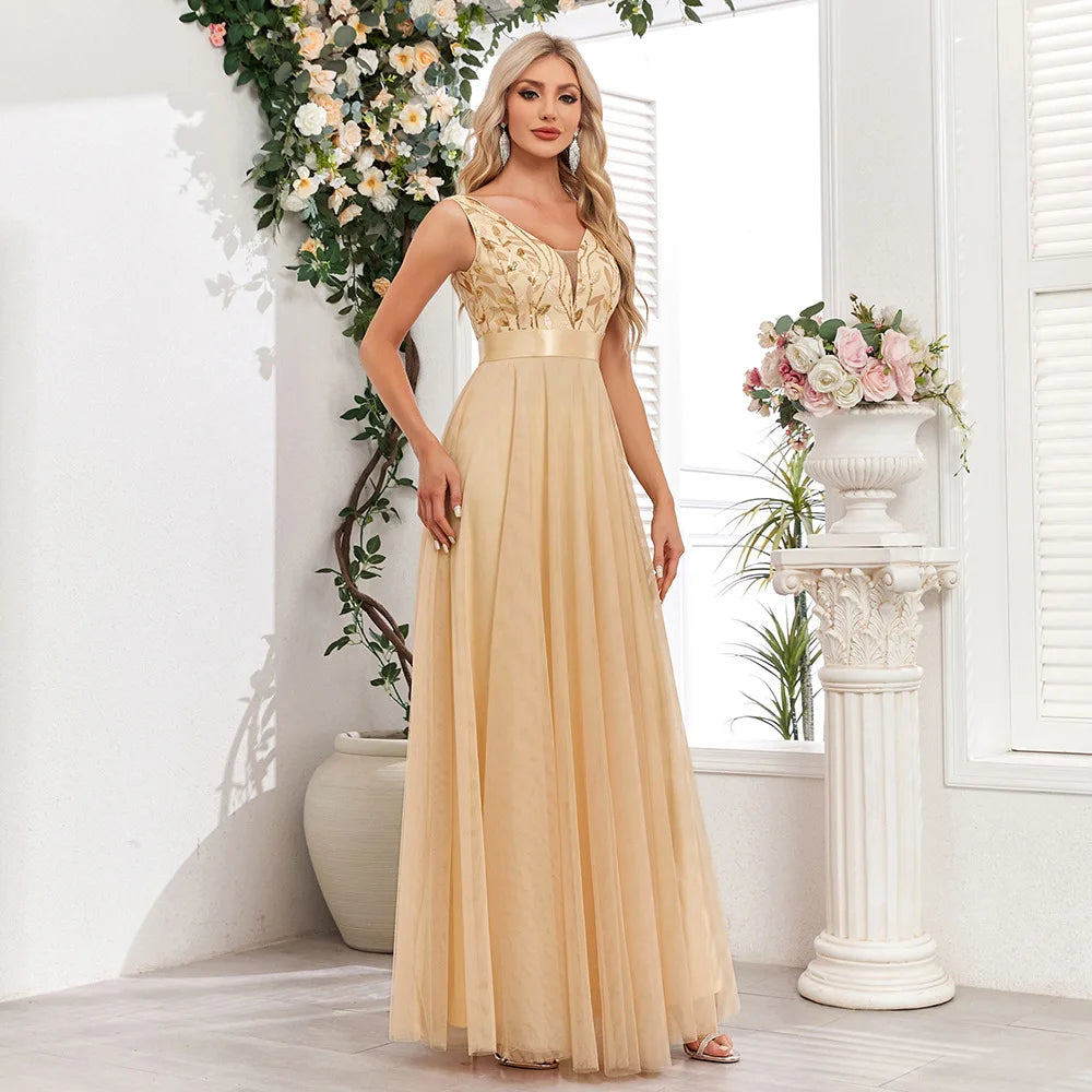 Abito Lungo Elegante Donna con Paillettes – Vestito Cerimonia Matrimonio e Damigella