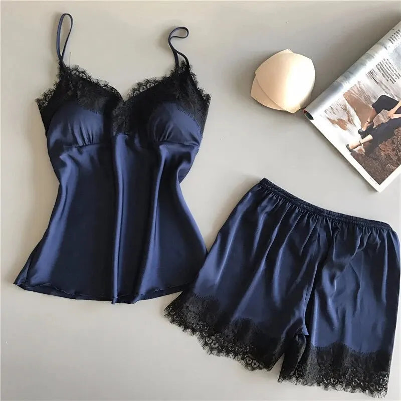Pigiama donna sexy con pizzo | Completo due pezzi estivo in raso con pantaloncini | Pigiama elegante V-neck pizzo per dormire e sedurre